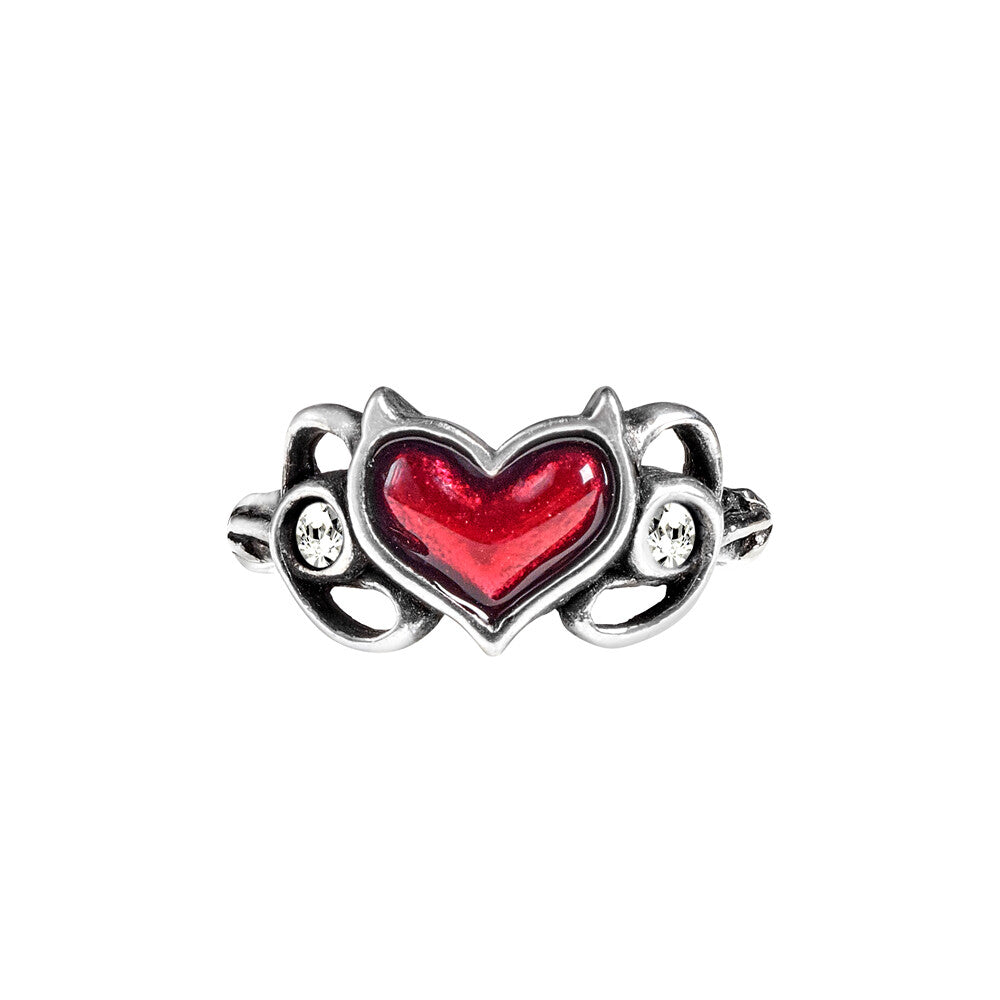 Silver ring with a red heart design on a white background