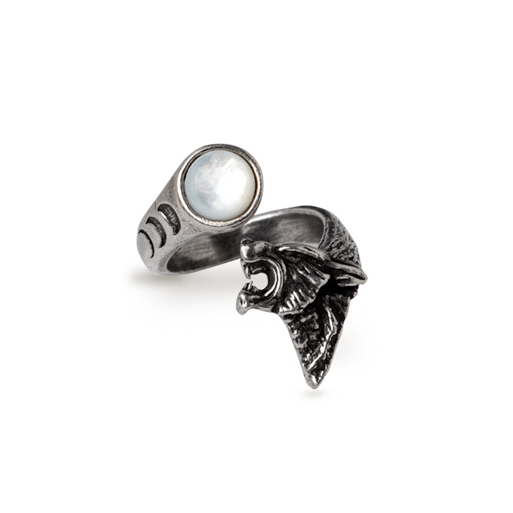 Silver ring with a bird design and pearl on a white background