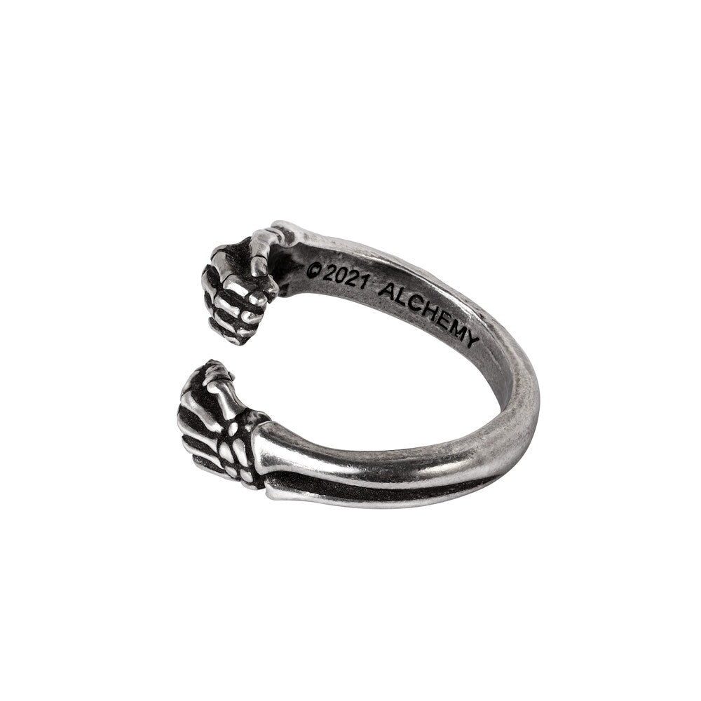 Silver paw-shaped ring with 'Alchemy' branding on a white background