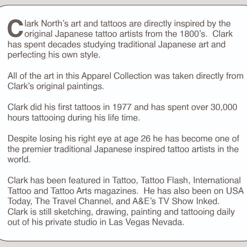 Text describing Clark North's art and tattoos inspired by traditional Japanese artists.