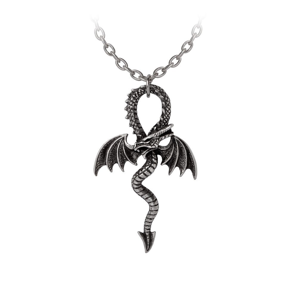 Dragon-shaped pendant on a chain against a white background
