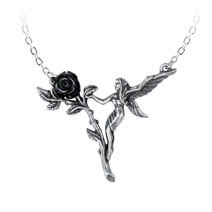 Necklace with fairy and rose design on a white background