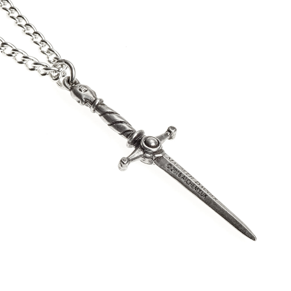 Silver sword-shaped pendant on a chain against a white background
