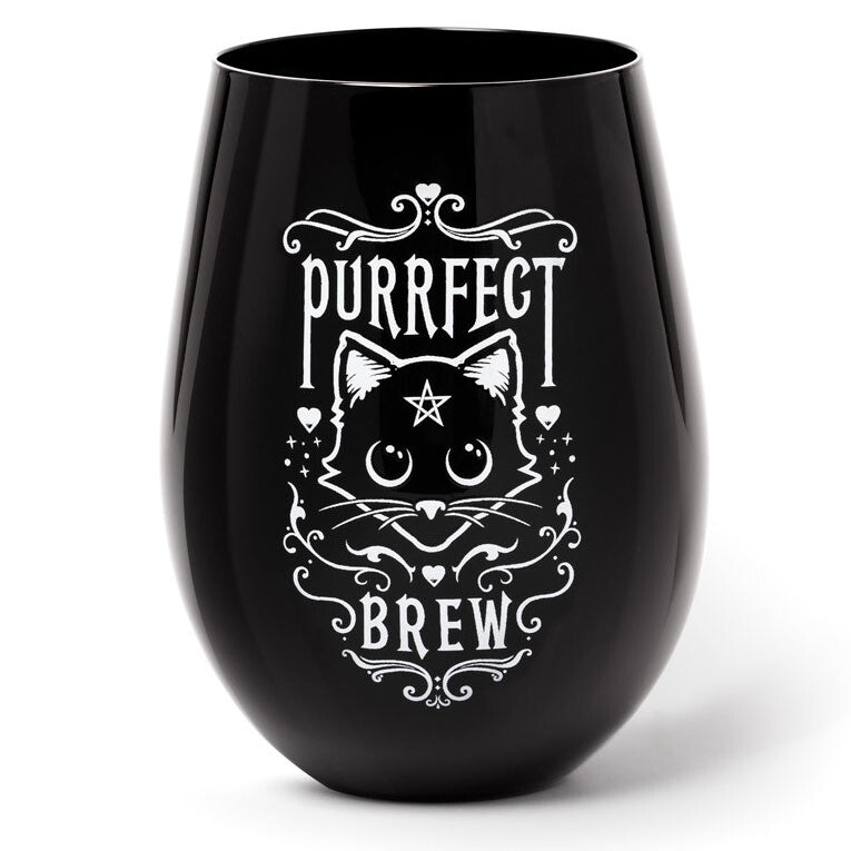 Black wine glass with a white cat design and text on a white background