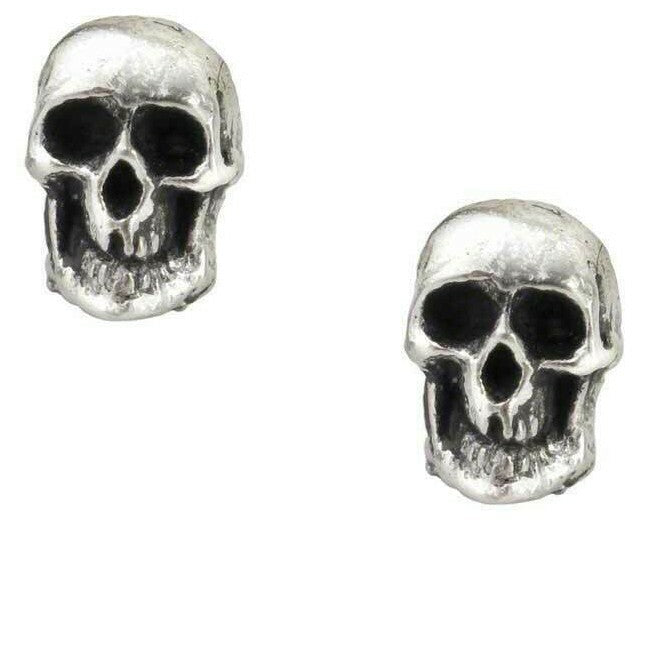 Silver skull-shaped earrings on a white background
