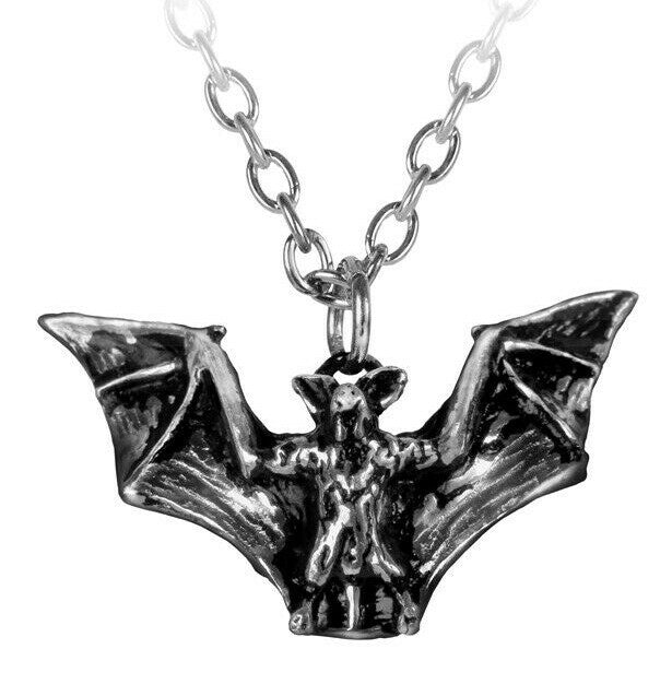 Silver bat pendant on a chain against a white background