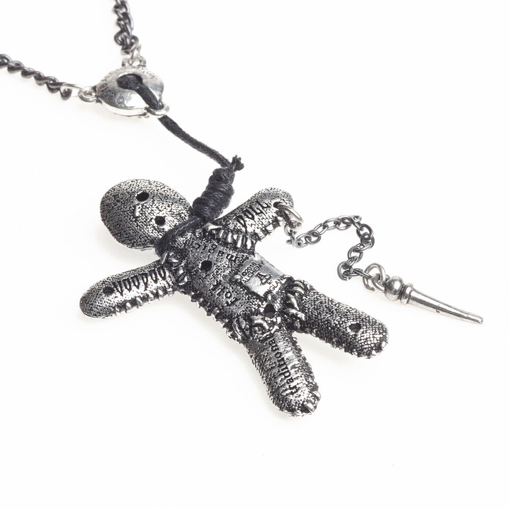 Silver voodoo doll pendant on a chain against a white background