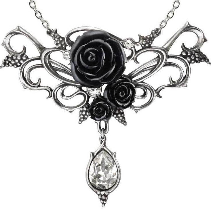 Necklace with black roses and a teardrop-shaped pendant on a white background
