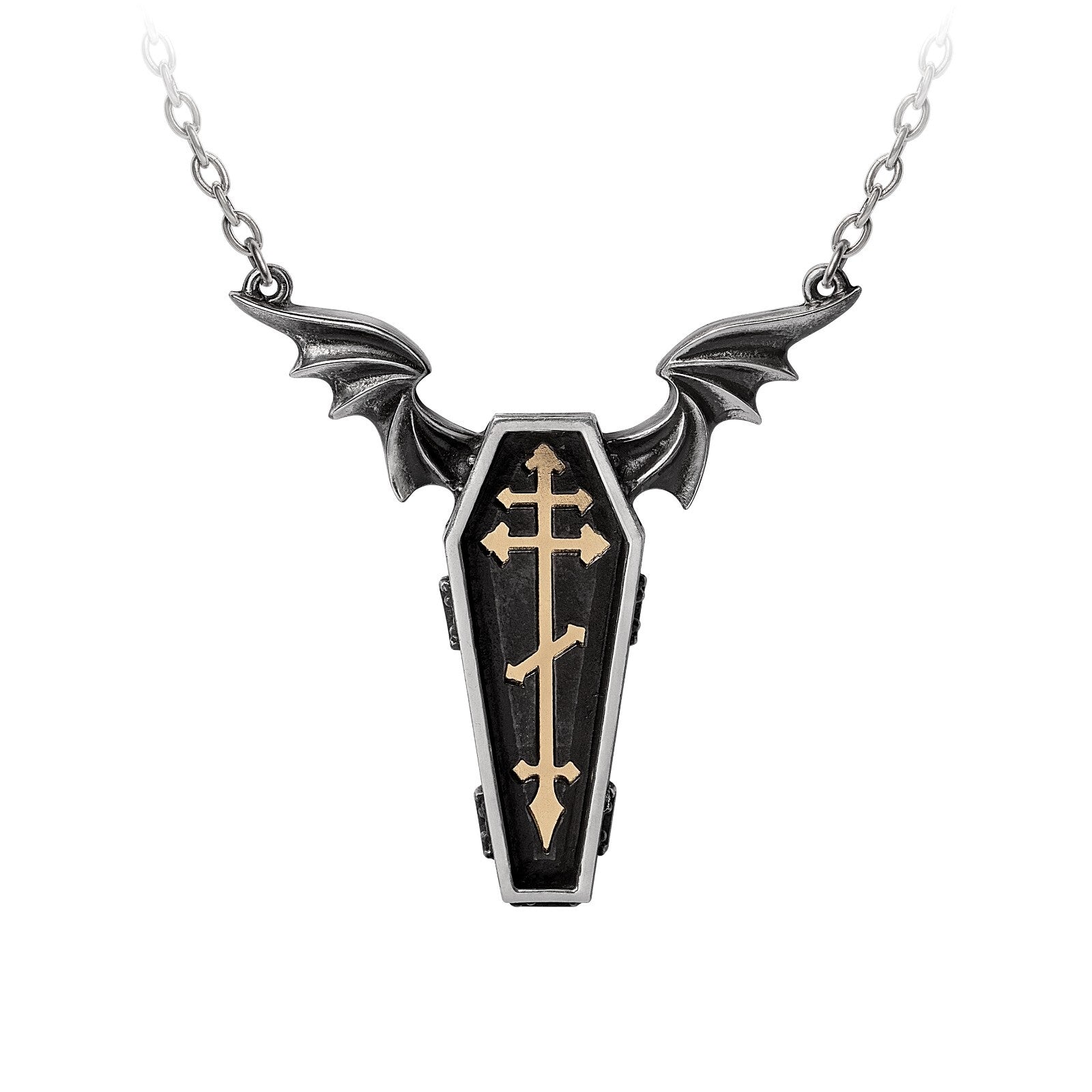 Coffin-shaped pendant with bat wings on a white background