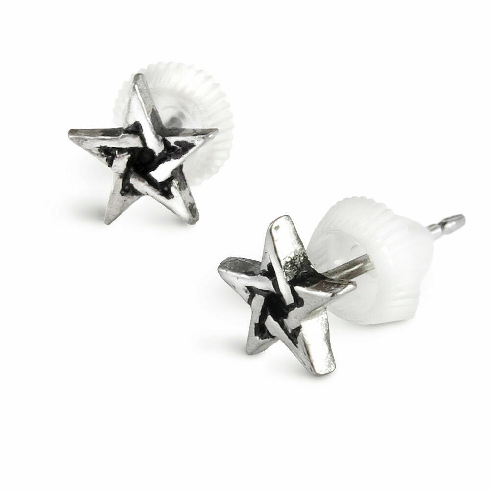 Silver star-shaped earrings on a white background