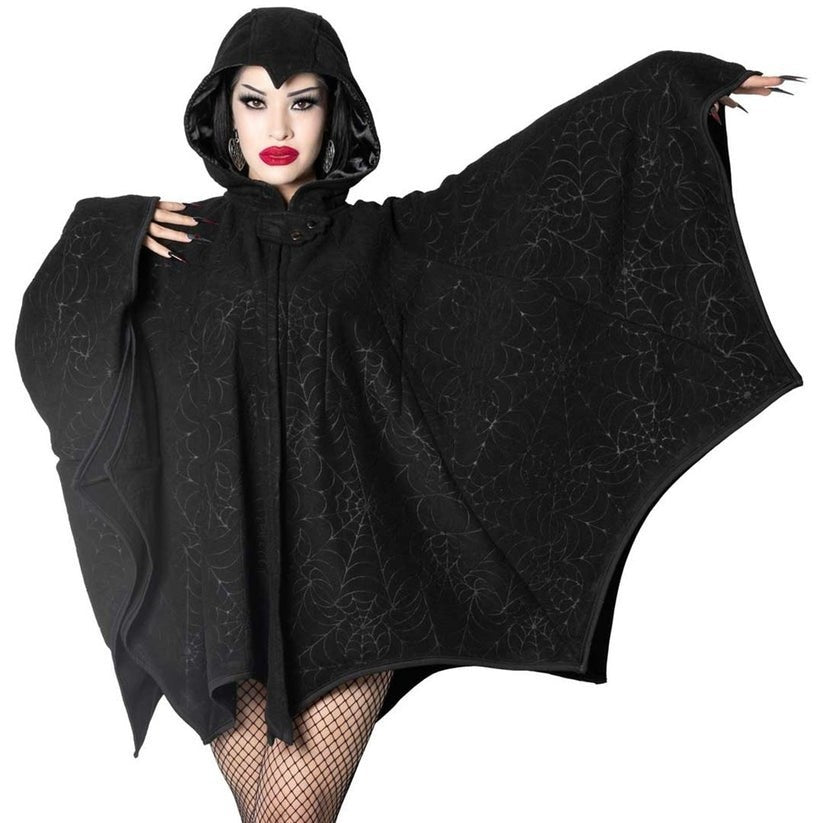 Kreepsville 666 Black Hooded Cape Spiderweb Embossed Bat Wing