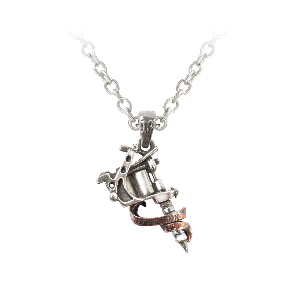 Silver and rose gold tattoo machine pendant on a chain against a white background