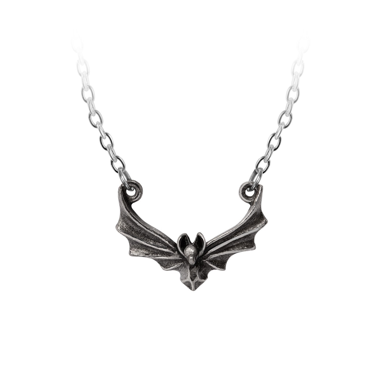 Silver bat-shaped necklace on a white background