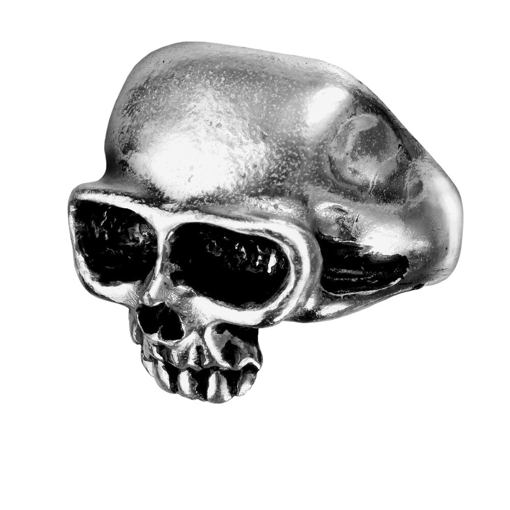 Silver skull-shaped ring on a white background