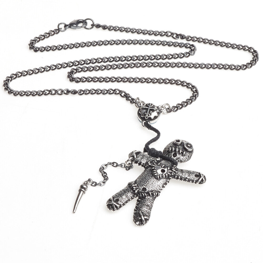 Silver voodoo doll pendant on a chain against a white background