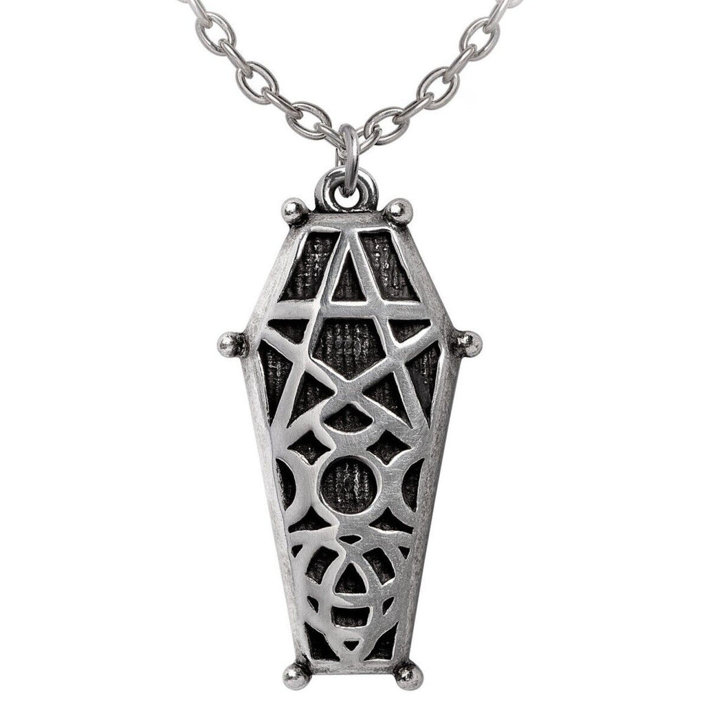 Silver coffin-shaped pendant necklace on a white background