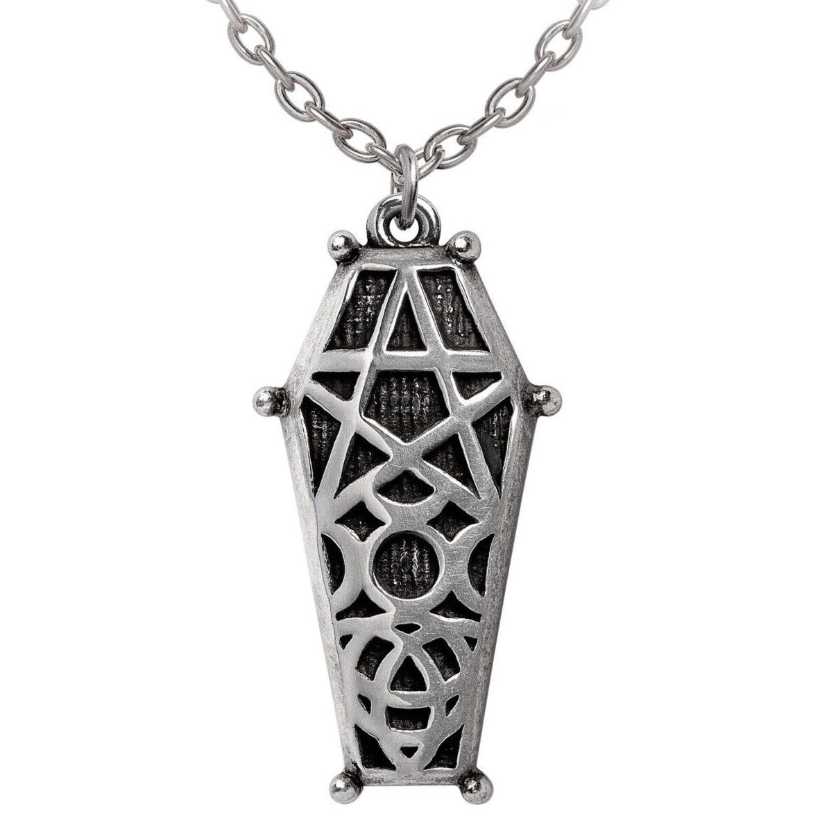 Silver coffin-shaped pendant necklace on a white background