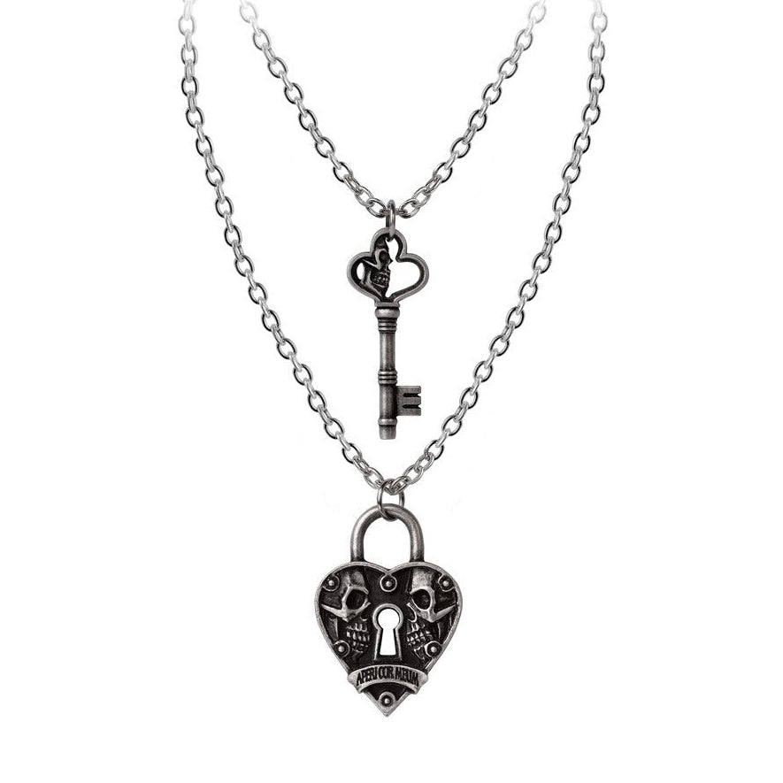 Two silver necklaces with key and heart padlock pendants on a white background