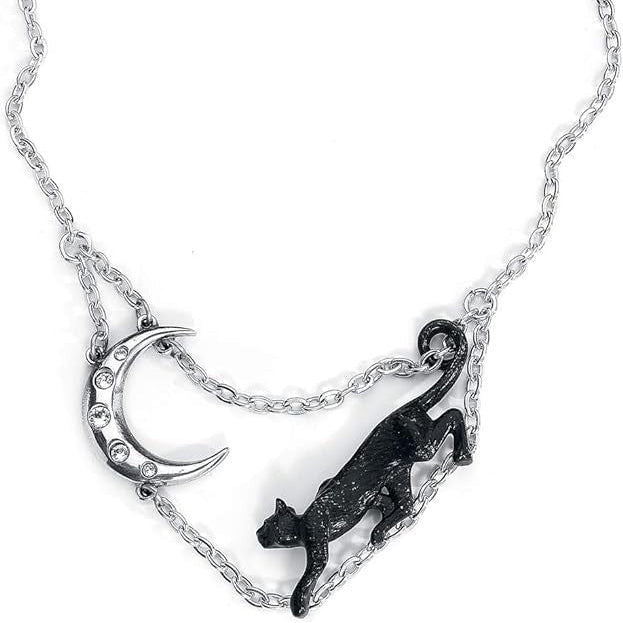 Necklace with cat and moon pendant on a white background