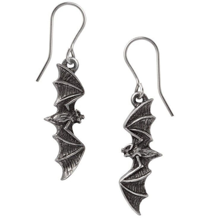 Silver bat-shaped earrings on a white background