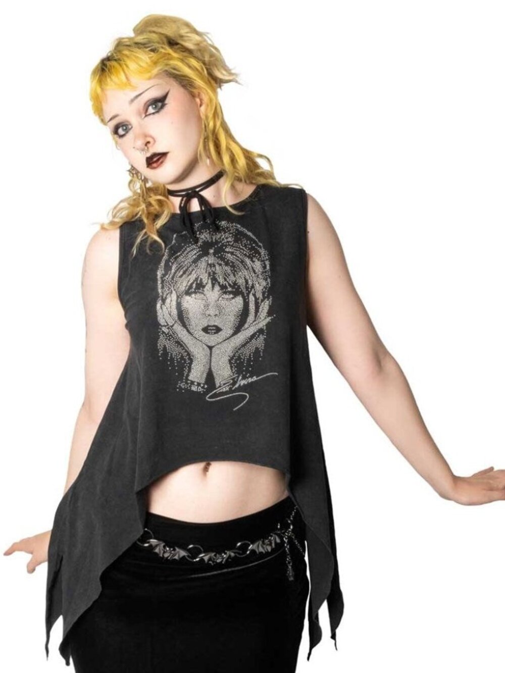 Kreepsville 666 Elvira Metallic Studded Shark Bite Crop Tank Top