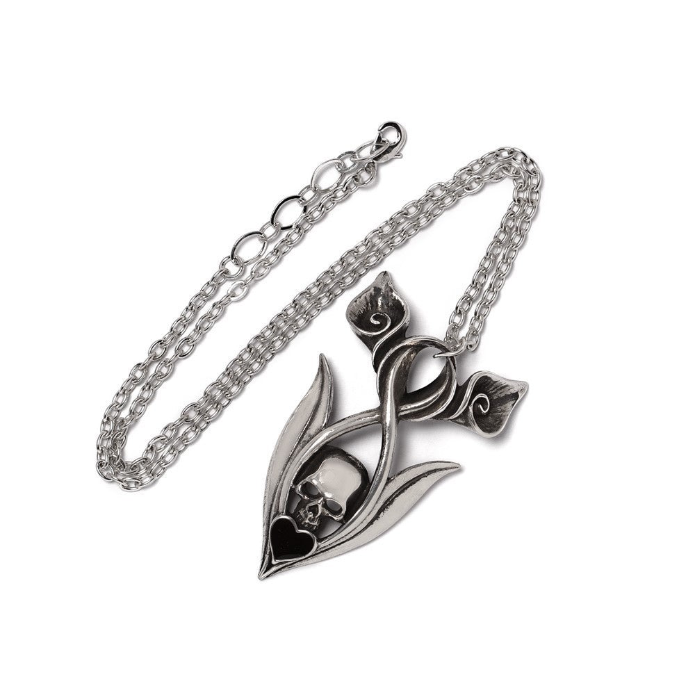 Silver necklace with a unique pendant design on a white background