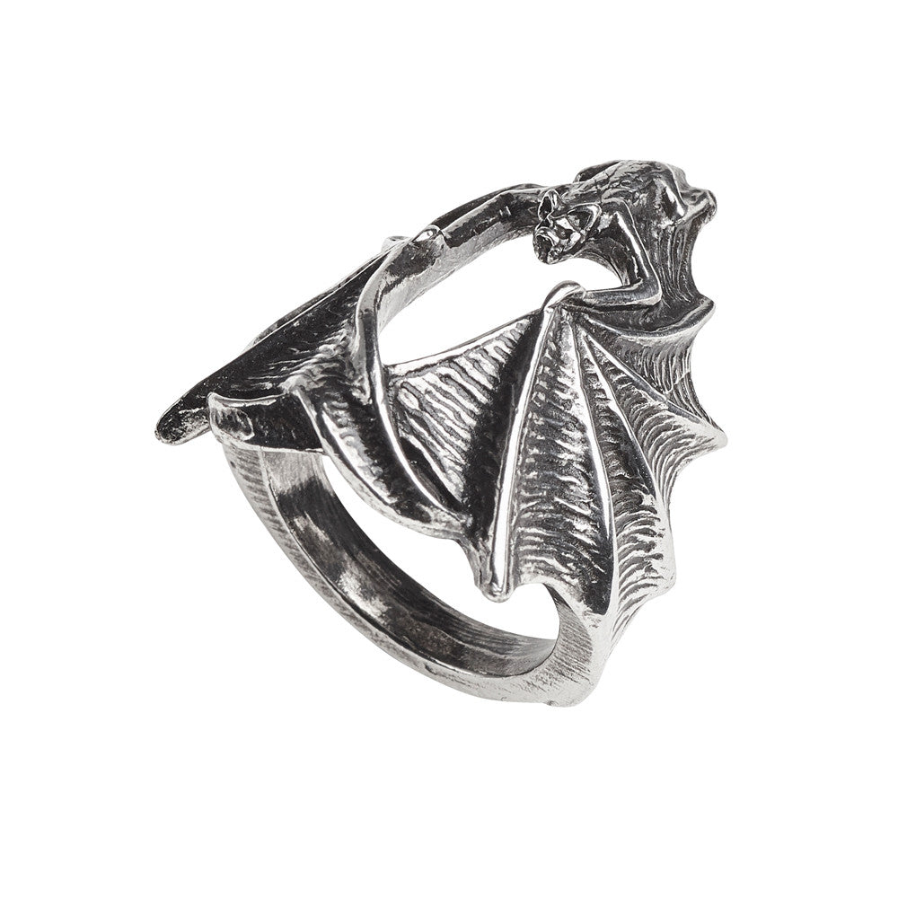 Silver bat-shaped ring on a white background