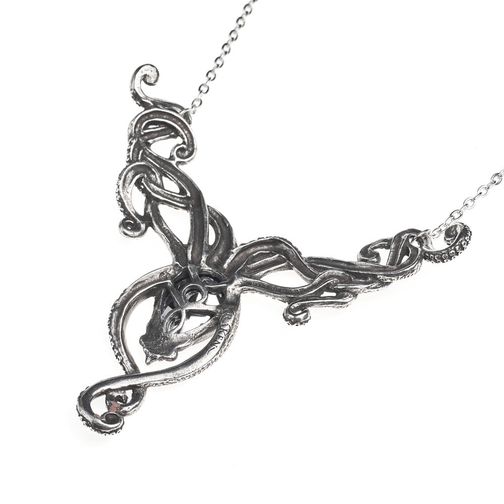 Silver necklace with intricate design on a white background