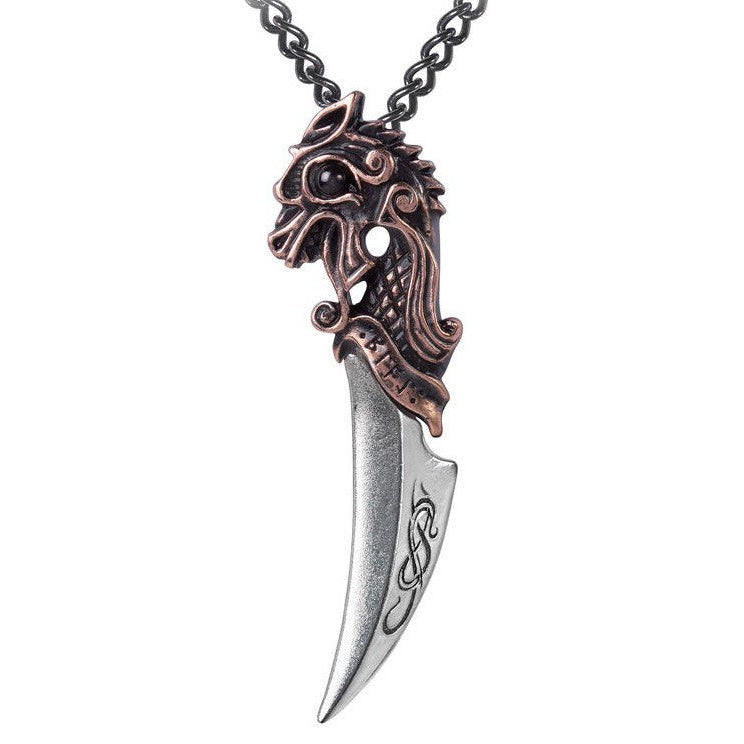 Decorative dagger-shaped pendant with intricate design on a white background