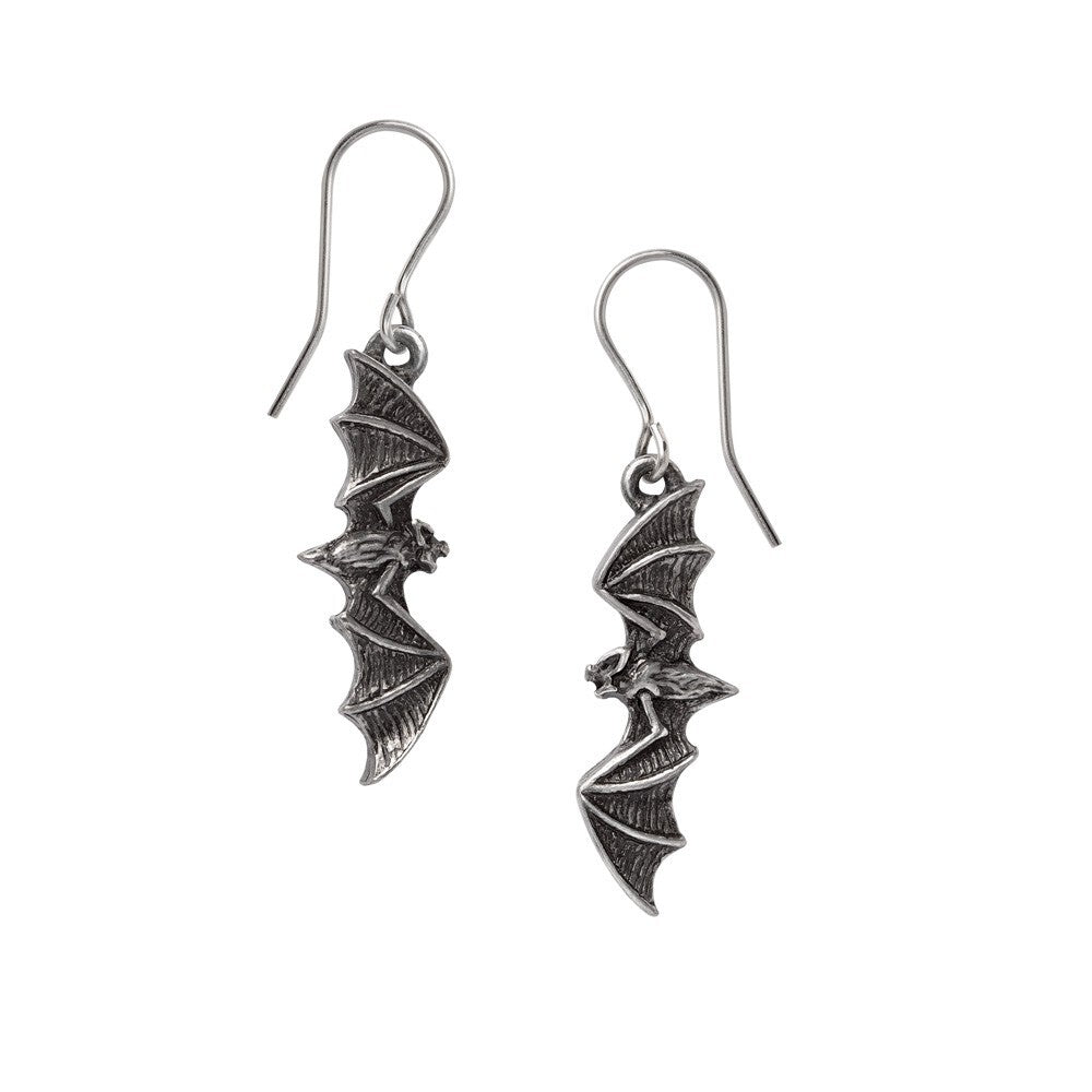Silver bat-shaped earrings on a white background