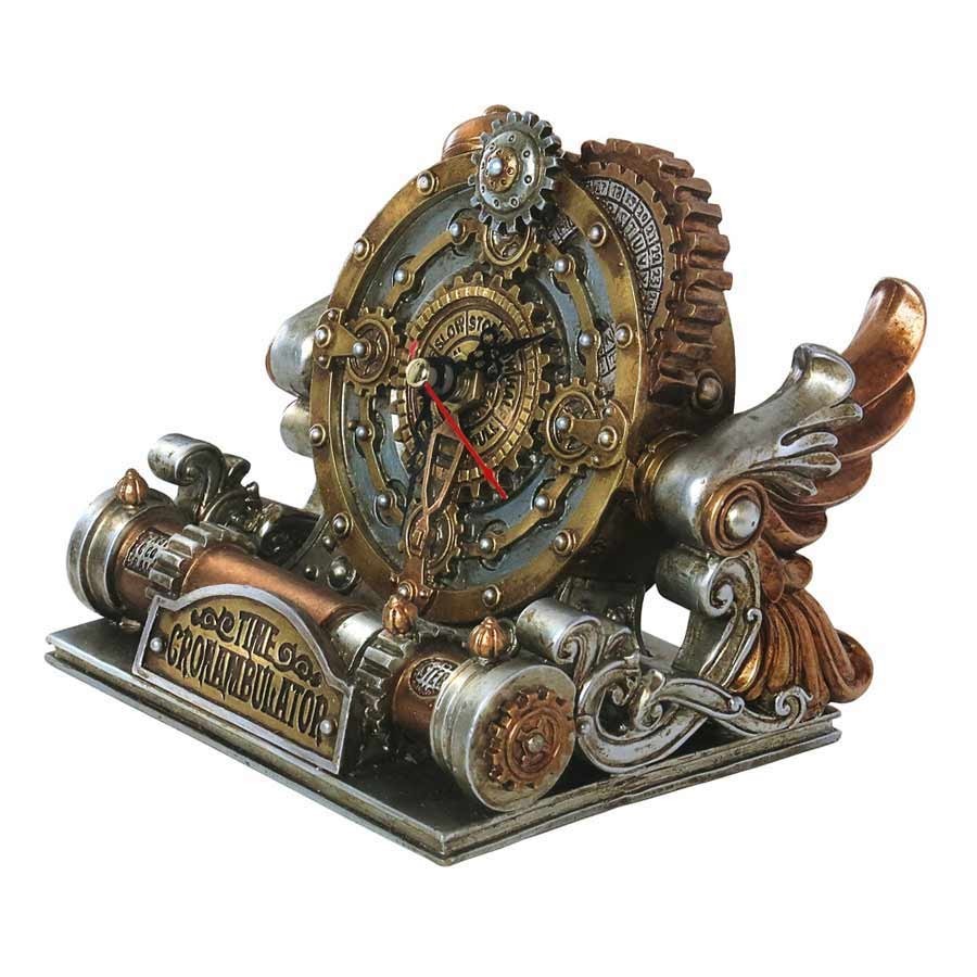 Steampunk-style mechanical clock with intricate details on a white background