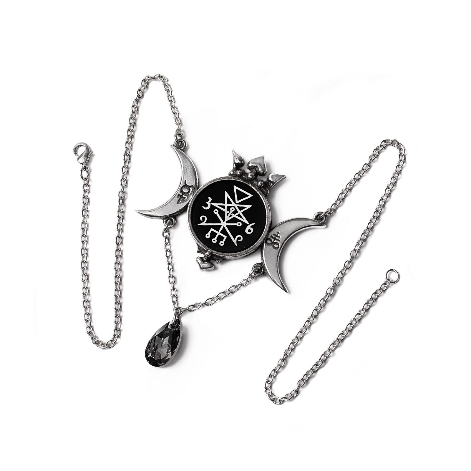 Necklace with a black and silver pendant on a white background