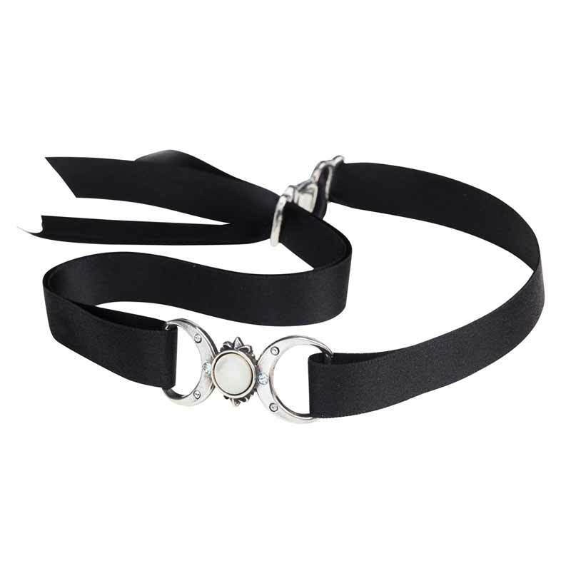 Black ribbon belt with silver buckle on a white background