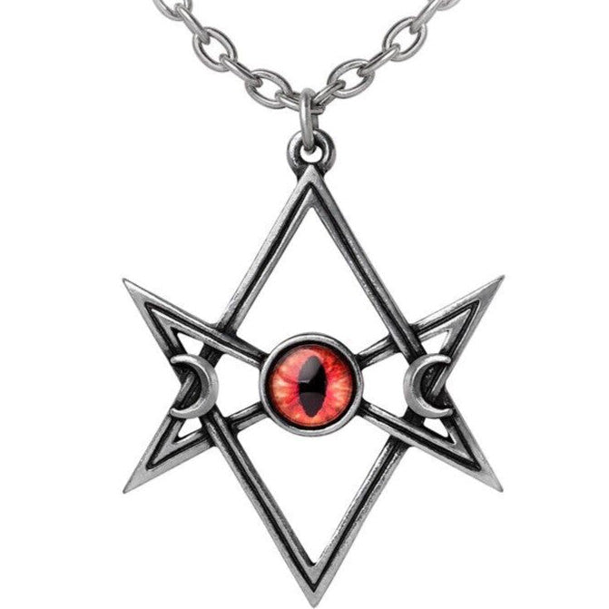 Star-shaped pendant with red eye design on a chain against a white background