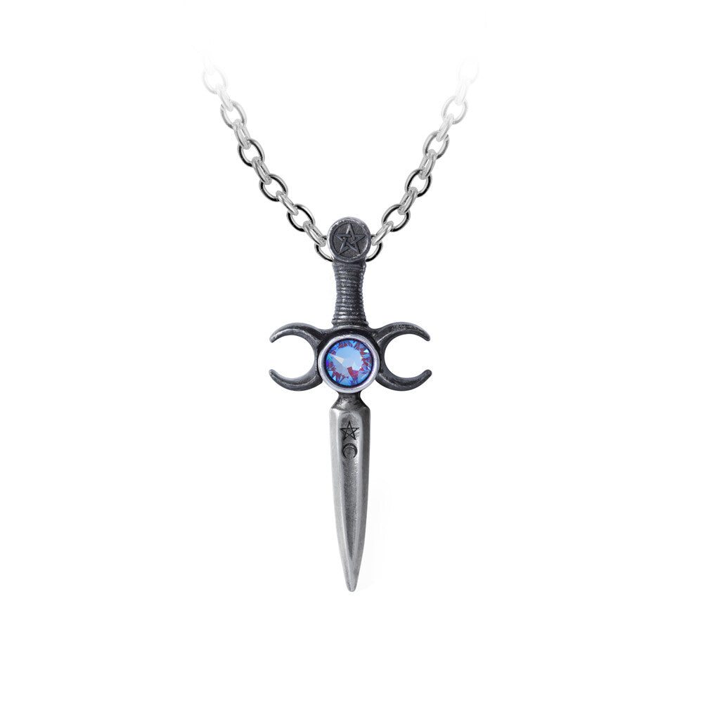 Silver dagger-shaped necklace with a blue gem on a white background