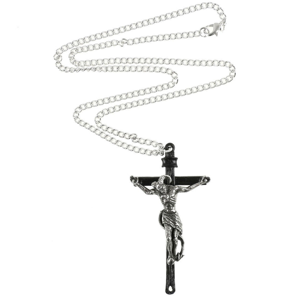 Silver crucifix necklace on a white background