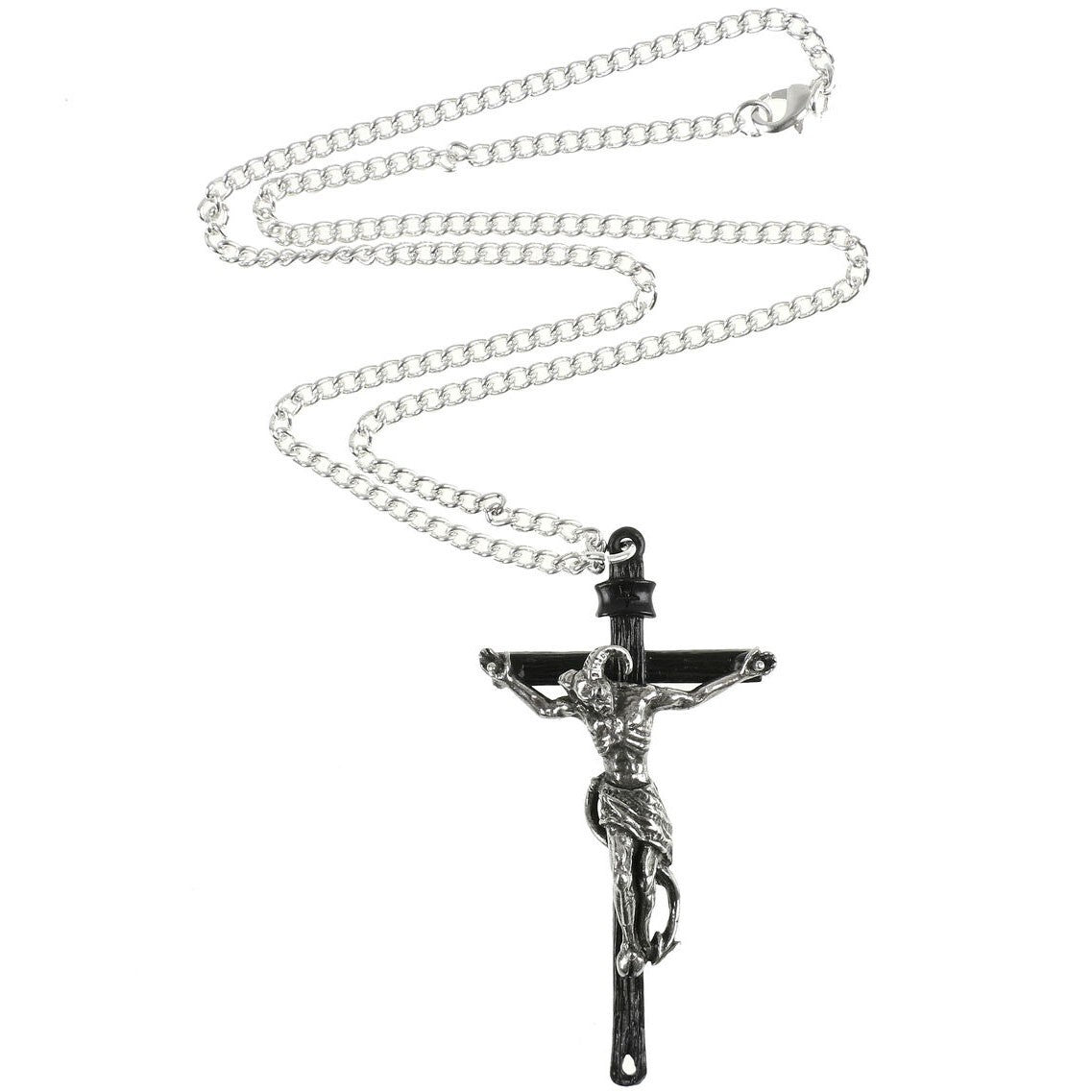 Silver crucifix necklace on a white background