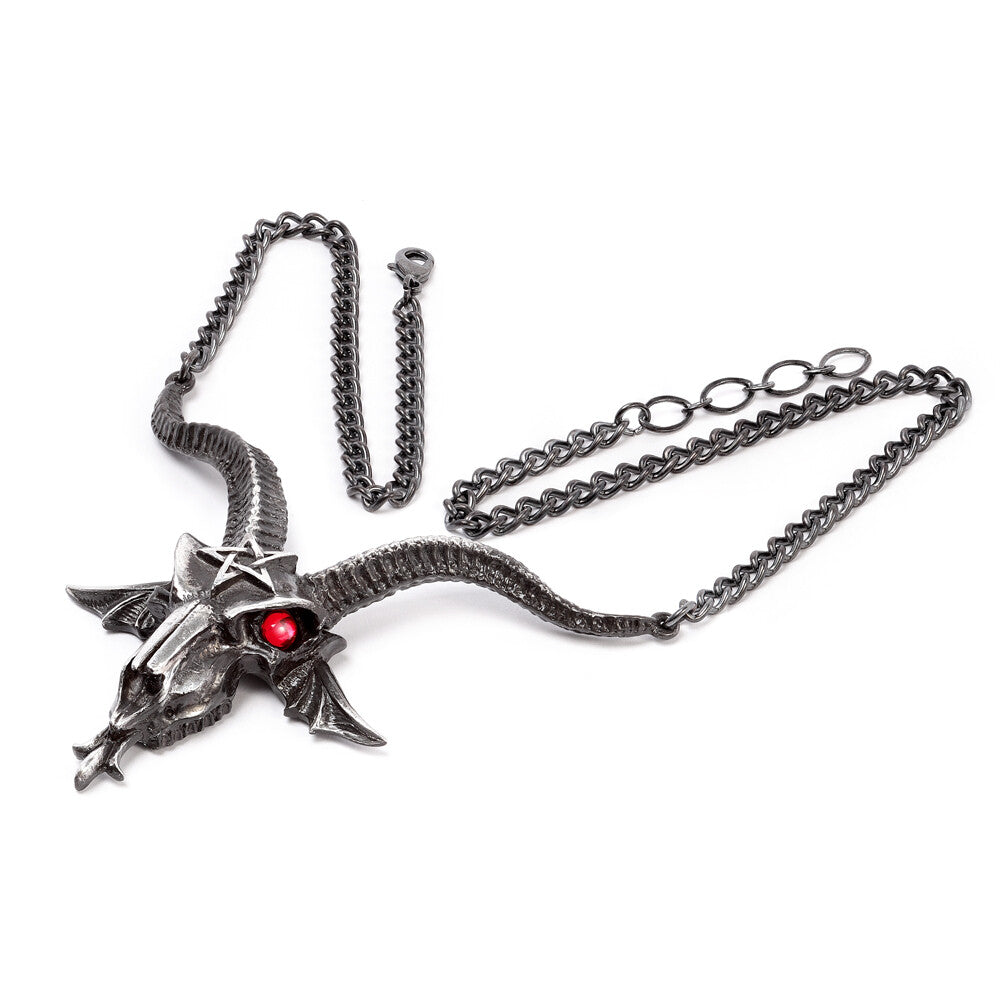 Dragon-shaped pendant with red eye on a chain against a white background