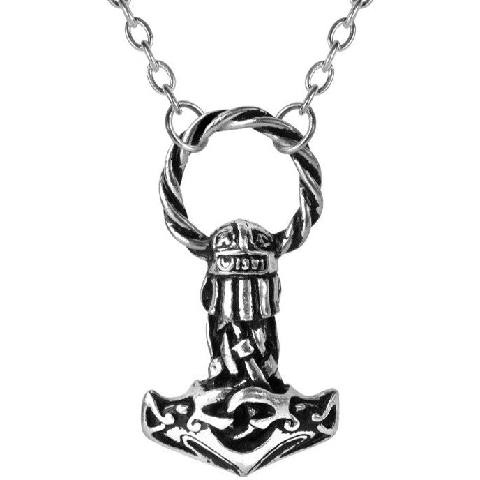 Silver Thor's hammer pendant on a chain against a white background