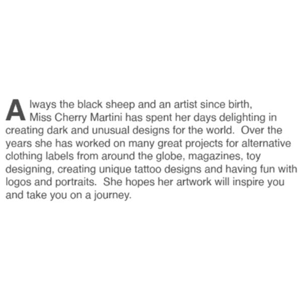 Text about Miss Cherry Martini and her artistic endeavors on a white background