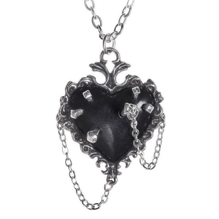 Heart-shaped pendant with black center and silver chain on a white background