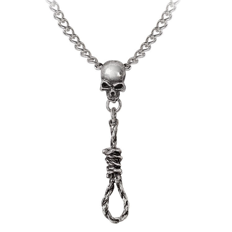 Silver necklace with skull and noose pendant on a white background