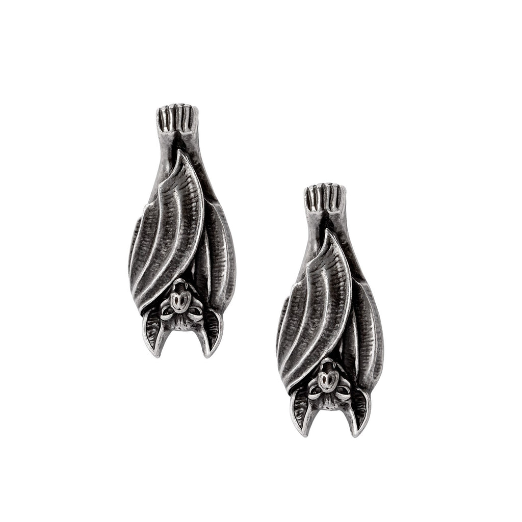 Pair of silver bat-shaped earrings on a white background