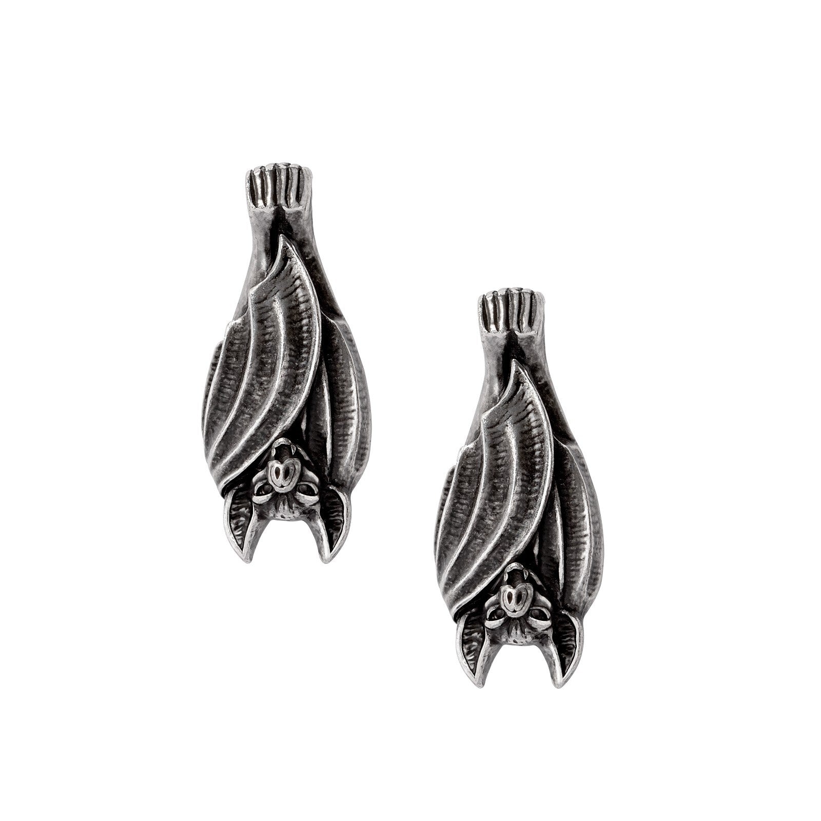 Pair of silver bat-shaped earrings on a white background