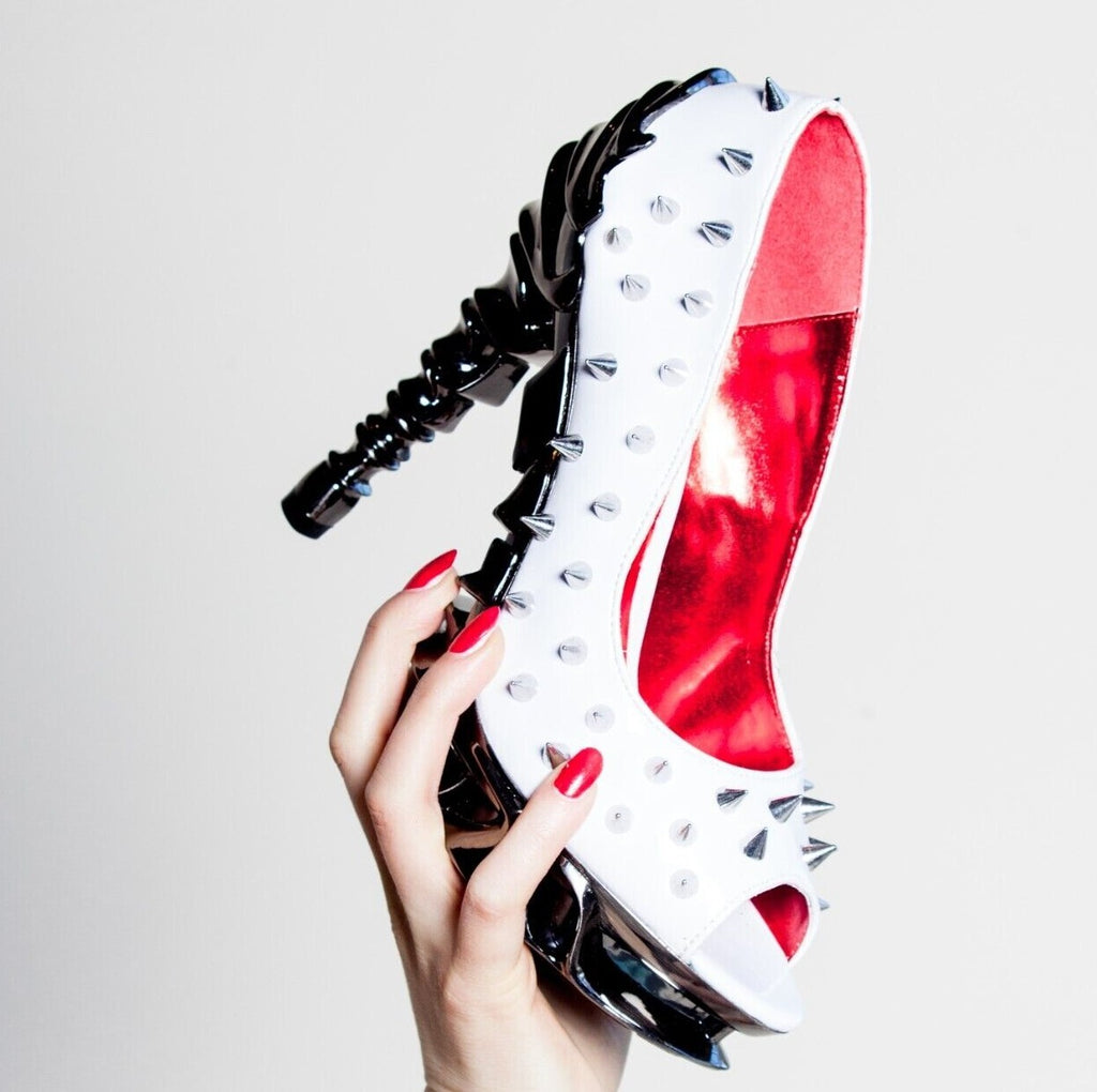 Hades TALON White Spiked Stud 5" Spinal Heels Peep Toe