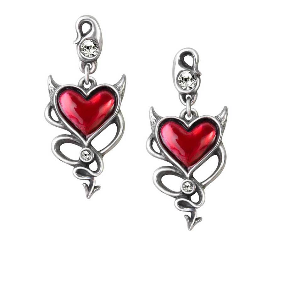 Pair of earrings with red heart design and silver accents on a white background