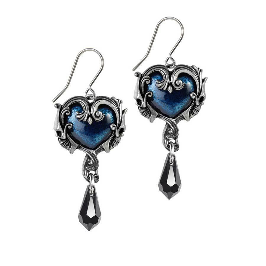 Pair of silver heart-shaped earrings with blue accents on a white background