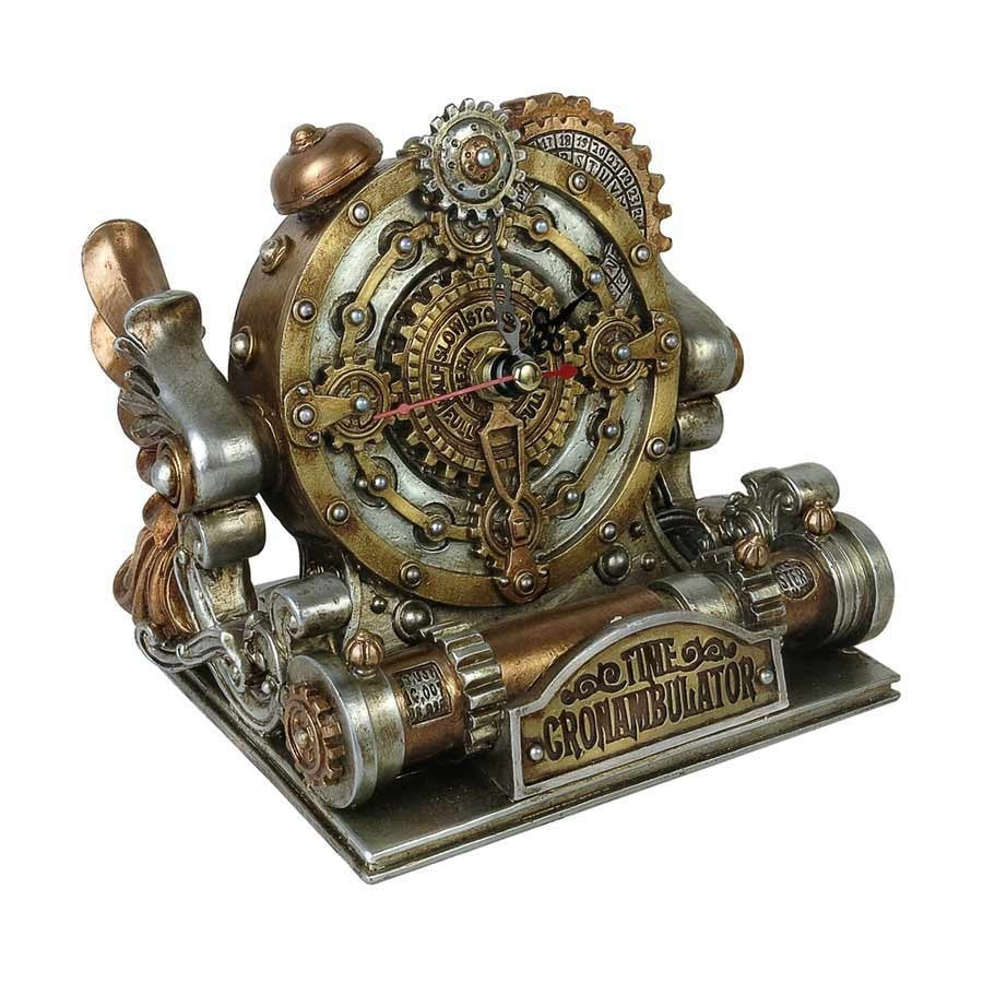 Steampunk-style clock with intricate gears and 'Time Gronambulator' label on a white background