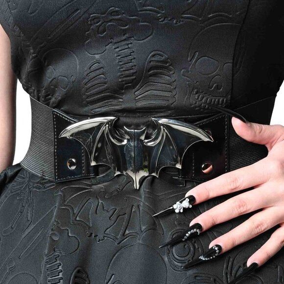 Kreepsville 666 Silver Bat Buckle Black Elastic Waist Belt