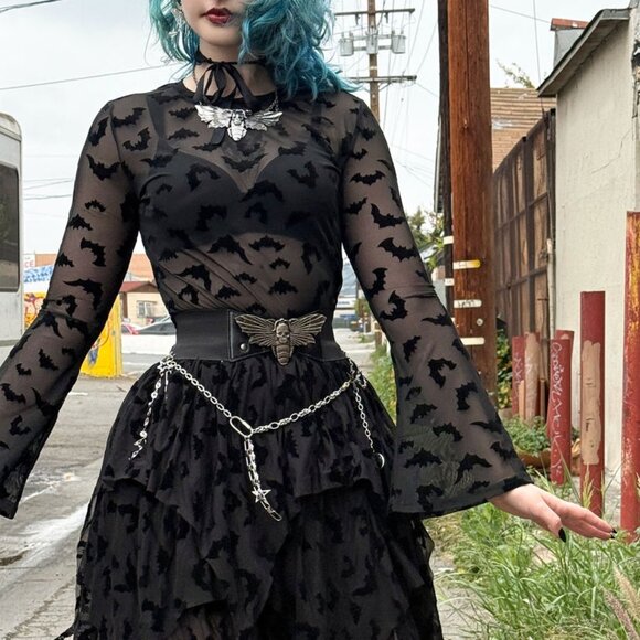 Kreepsville 666 Black Bat Repeat Mesh LS Top